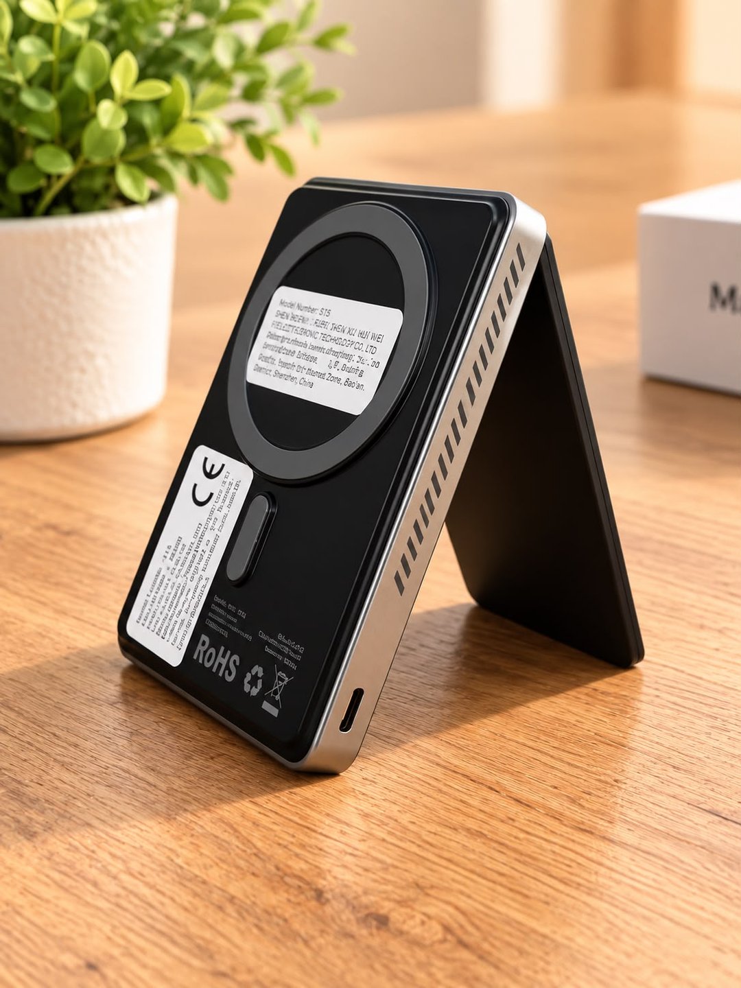 Power bank con el soporte plegable abierto sobre una mesa